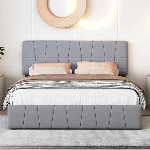 ZHDOKA Bett mit Lattenrost, 180 x 200 cm, Doppelbettgestell mit Bettkasten und 4 Schubladen, Doppelbett mit Stauraum und verstellbarem Kopfteil, gepolstertes Bett aus Samt, grau ZHDOKA Bett mit Lattenrost, 180 x 200 cm, Doppelbettgestell mit Bettkasten und 4 Schubladen, Doppelbett mit Stauraum und verstellbarem Kopfteil, gepolstertes Bett aus Samt, grau von ZHDOKA