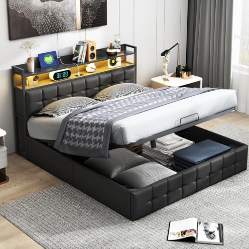 ZHDOKA Bett mit Stauraum und LED-Beleuchtung, 140 x 200 cm, gepolstertes Doppelbett mit Lattenrost aus Holz und USB, für 2 Personen für Erwachsene und Jugendliche, PU, Schwarz von ZHDOKA