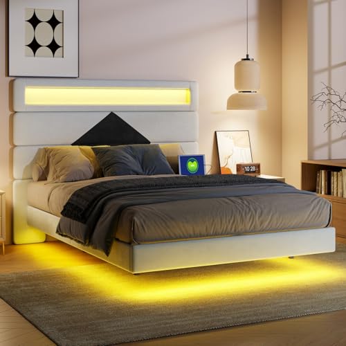 ZHDOKA Doppelbett, gepolstert, mit LED und USB, Bettkasten mit Stauraum und Lattenrost, für 2 Personen mit Kopfteil für Erwachsene, Jugendliche (Kopfteil in Rautenform, 140 x 190 cm) von ZHDOKA