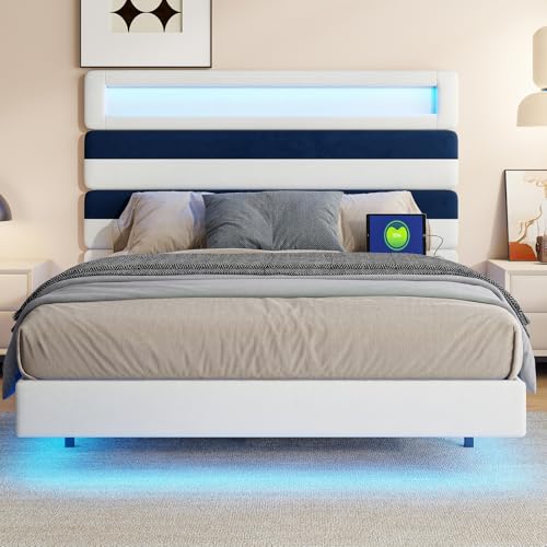 ZHDOKA Doppelbett, gepolstert, mit LED und USB, Bettkasten mit Stauraum und Lattenrost aus Holz, Doppelbett mit Kopfteil für Erwachsene, Jugendliche (gestreiftes Kopfteil, 140 x 190 cm) von ZHDOKA