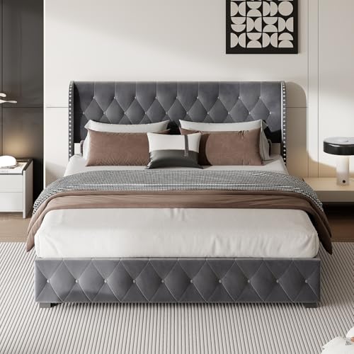 ZHDOKA Doppelbett 160x200 Polsterbett Samtstoff Bett mit Lattenrost und Kassette Funktionsbett für Erwachsene Jugendliche, Dunkelgrau Ohne Matratze von ZHDOKA