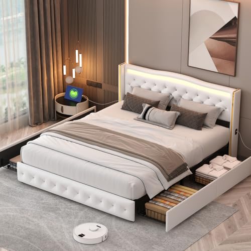 ZHDOKA Doppelbett mit 4 Stauraum Schubladen und Lattenrost,140x200cm Polsterbett mit Moderne Gold Prozesse Kopfteil, Stauraumbetten Funktionsbett Jugendbetten mit LED-Beleuchtung, Weiß PU von ZHDOKA