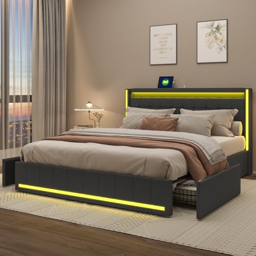 ZHDOKA Doppelbett mit LED-Beleuchtung und USB-Ladeanschluss, 140 x 200 cm, Bett mit 4 Schubladen, gepolstertes Bett mit Kopfteil und Lattenrost, geeignet für Erwachsene und Jugendliche von ZHDOKA