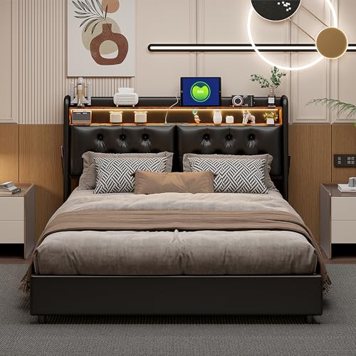 ZHDOKA Doppelbett mit LED und gepolstertem USB-Anschluss, schwarz PU gepolstertes Bett mit Sprossenwand und Stauraum (ohne Matratzen) (160 x 200 cm) von ZHDOKA