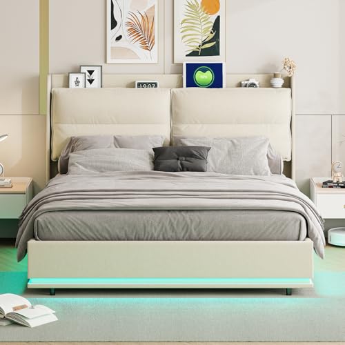 ZHDOKA Doppelbett mit Stauraum und Lattenrost, 140x200cm Polsterbett mit USB und LED, Jugendbett mit gepolstertem kopfteil, Stauraumbett Stauraumbett Bettgestell, Ohne Matratze, Beige Samt von ZHDOKA