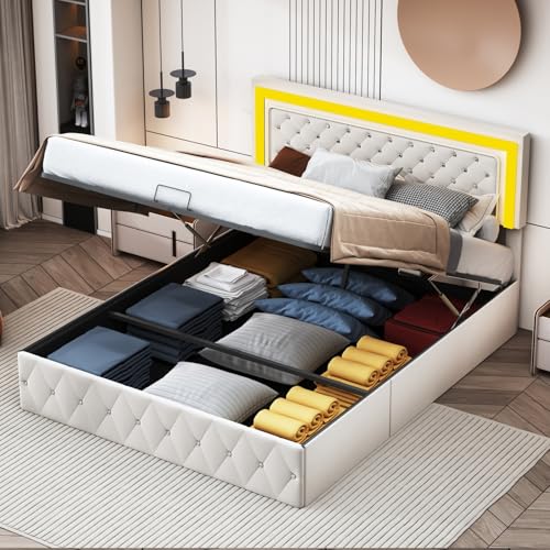 ZHDOKA Gepolstertes Doppelbett mit LED-Beleuchtung, 140 x 200 cm, Bett mit Stauraum und Kopfteil, Doppelbett mit Lattenrost, für Erwachsene und Jugendliche, Samt, Beige von ZHDOKA