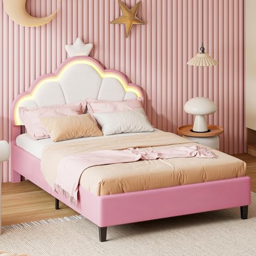 ZHDOKA Kinderbett Polsterbett 90x200cm, Mädchenbett Mit Lattenrost und LED verstellbares Kopfteil mit Krone, Gepolstertes Bettgestell in Hautfreundlichem Samtstoff(ohne Matratze)(Rosa) von ZHDOKA