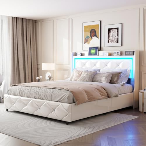 ZHDOKA Polsterbett Doppelbett 160x200cm, LED Kopfteil mit USB Type-C Ladefunktion und Staufach, Stauraumbett Bettgestell mit Stauraum, Jugendbett mit Metallrahmen und Lattenrost, Weiß PU ZHDOKA Polsterbett Doppelbett 160x200cm, LED Kopfteil mit USB Type-C Ladefunktion und Staufach, Stauraumbett Bettgestell mit Stauraum, Jugendbett mit Metallrahmen und Lattenrost, Weiß PU von ZHDOKA
