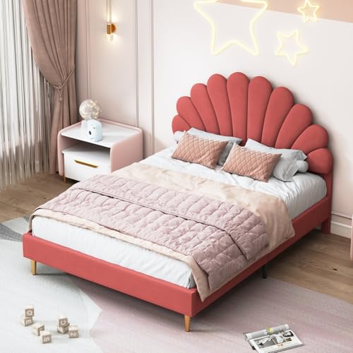 ZHDOKA Polsterbett Kinderbett in Blumenform und Lattenrost,140x200cm, Mädchenbett-Gästebett, Mädchen Bett in Samtstoff, Jugendbett, Doppelbett mit Lattenrost,Ohne Matratze(Bordeaux) von ZHDOKA