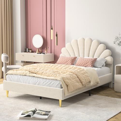 ZHDOKA Polsterbett Kinderbett in Blumenform und Lattenrost,140x200cm, Mädchenbett-Gästebett, Mädchen Bett in Samtstoff, Jugendbett, Doppelbett mit Lattenrost,Ohne Matratze(beige) von ZHDOKA