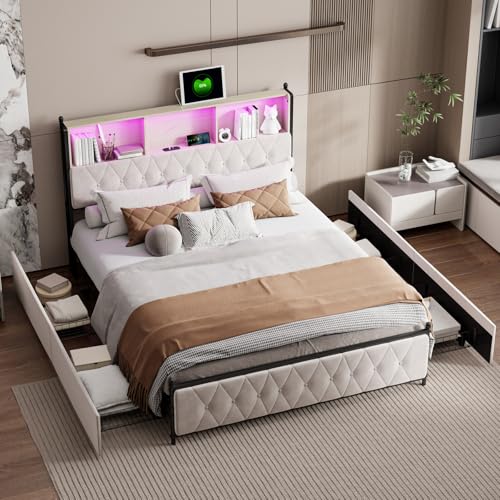 ZHDOKA Polsterbett mit Aufbewahrungskopf und 4 Schubladen, Doppelbett mit USB und Typ-C, Bettrahmen, Lattenrost für Erwachsene, Samt (Beige, 160x200cm) von ZHDOKA