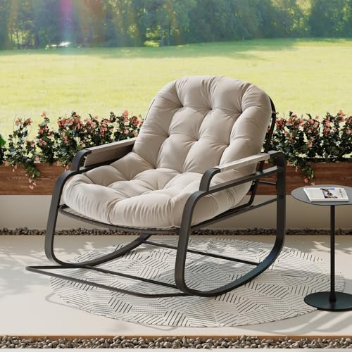 ZHDOKA Schaukelstuhl Rattan mit Fußstütze, Schaukelstuhl Outdoor mit Abnehmbarem Kissen und Seitentasche, Lounge Sessel mit Armlehne, Garten Schaukelstuhls, Lesesessel fürs Wohnzimmer Balkon (Beige) von ZHDOKA