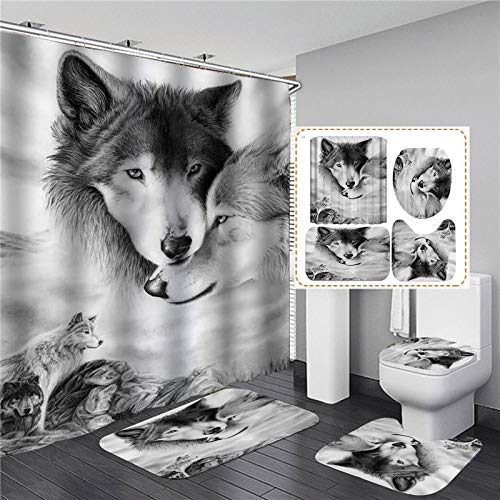 ZHEBEI Weißer Wolf bedruckter Duschvorhang-Set, wasserdicht, Badezimmer-Dekor mit rutschfestem WC-Deckelbezug, Flanell-Küchenmatte, Teppich und Fußabtreter von ZHEBEI