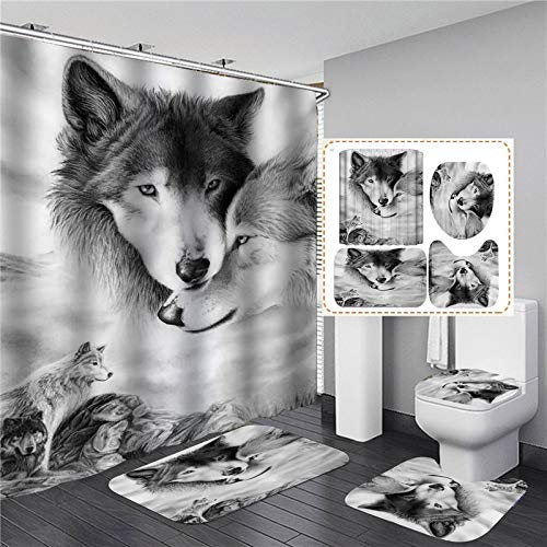 ZHEBEI Weißer Wolf bedruckter Duschvorhang-Set, wasserdicht, Badezimmer-Dekor mit rutschfestem WC-Deckelbezug, Flanell-Küchenmatte, Teppich und Fußabtreter ZHEBEI Weißer Wolf bedruckter Duschvorhang-Set, wasserdicht, Badezimmer-Dekor mit rutschfestem WC-Deckelbezug, Flanell-Küchenmatte, Teppich und Fußabtreter von ZHEBEI