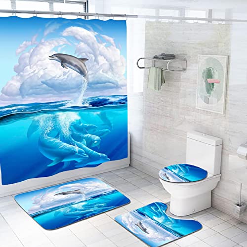 ZHEHUA 3D Springender Delphin Duschvorhang Set Wasserdichter Stoff Badezimmer Set Dekorativer Haken Badezimmervorhang von ZHEHUA