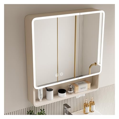 ZHENGQIAN Spiegelschrank Bad mit Beleuchtung,Doppeltür Badschrank,Wandmontierter Badspiegelschrank,mit LED und Steckdose,mit Intelligenter Antibeschlag/Touchschalter(Beige,L60xW88CM/L23.6xW34.6IN) von ZHENGQIAN