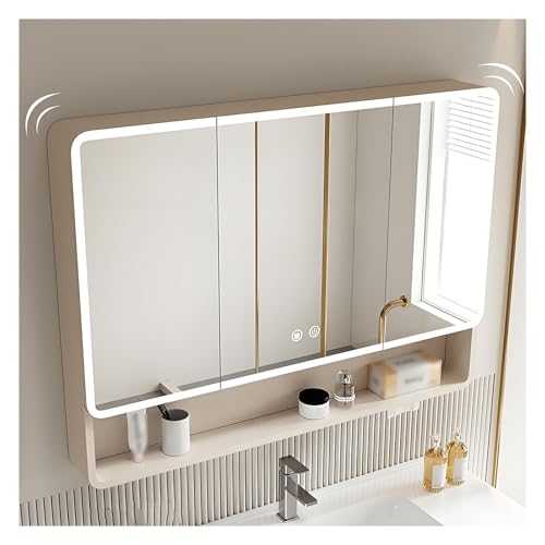 ZHENGQIAN Spiegelschrank Bad mit Beleuchtung,Doppeltür Badschrank,Wandmontierter Badspiegelschrank,mit LED und Steckdose,mit Intelligenter Antibeschlag/Touchschalter(Beige,L90xW88CM/L35.4xW34.6IN) von ZHENGQIAN