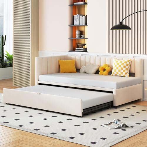 ZHFASDS Multifunktionales L-förmiges Schlafsofa mit Ausziehbett 90/180 * 200cm, Polsterbett in Samtstoff, platzsparendes Design für Kinderbett, Gästebett (Beige) von ZHFASDS