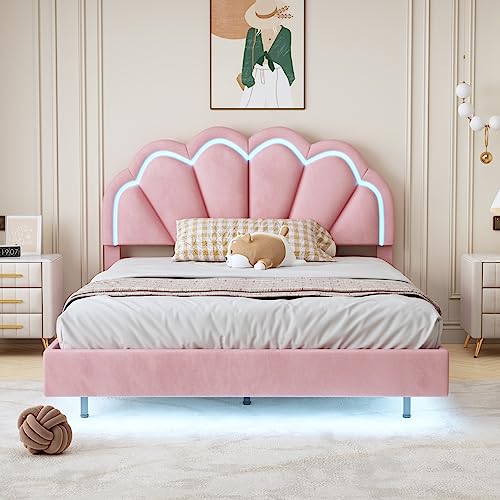 ZHFASDS Polsterbett 140 x 200 cm, Gepolsterter Schwebebett Rahmen mit LED-Leuchten und Kopfteildesign, flächiges Doppelbett-Gästebett in hautfreundlichem Samtstoff (Pink) von ZHFASDS