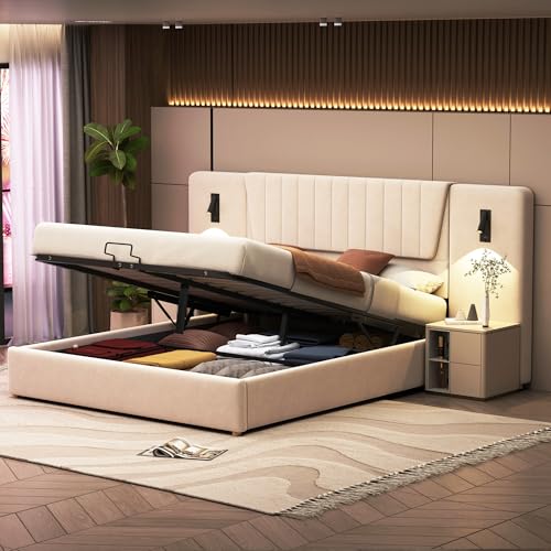 ZHFASDS Polsterbett 180 * 200cm, Mit extralanger Rückenlehne, Leselampe mit Verstellbarer Richtung, Mit USB-Ladeanschluss, Hydraulisches Stauraumbett, Doppelbett, Samtstoff (Beige) von ZHFASDS