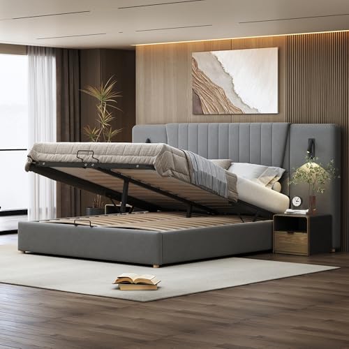 ZHFASDS Polsterbett 180 * 200cm, Mit extralanger Rückenlehne, Leselampe mit Verstellbarer Richtung, Mit USB-Ladeanschluss, Hydraulisches Stauraumbett, Doppelbett, Samtstoff (Gray) von ZHFASDS
