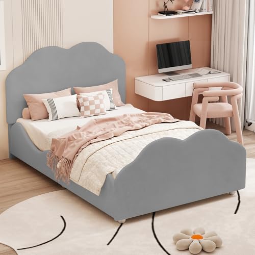 ZHFASDS Polsterbett Kinderbett 90 x 200 cm hohes Geländer-Kinder Bettgestell mit wolkenförmigem Kopf- und Fußteil. Einzelbett in hautfreundlichem Samt Grau (Gray, 90 x 200 cm) von ZHFASDS
