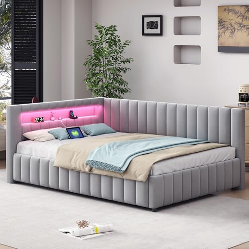 ZHFASDS Polsterbett Schlafsofa 140x200, Gepolstertes aus Samtstoff mit LED-Licht und USB-Ladeanschluss, mit Rückenlehne, Kopfteil und stabilem Bettrahmen (Hellgrau) von ZHFASDS