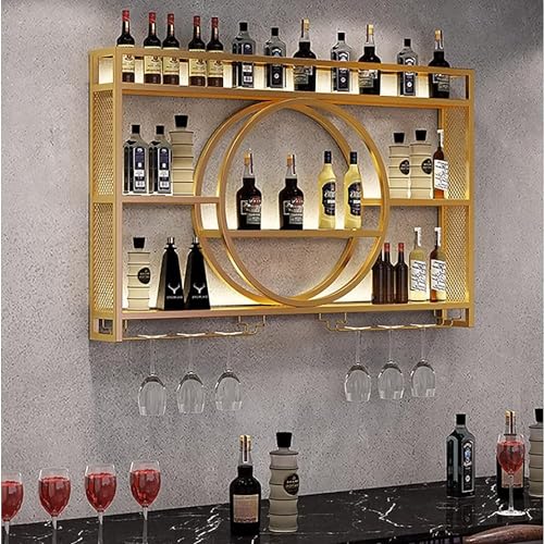 ZHFASDS Wand Montiert Bar Regal，Schwebende Regale Weinregale Industrielles Wandregal Bar Eisen Display StäNder Weinhalter Weinglashalter HäNgender Flaschen Regal(Size:140cm,Color:Gold) von ZHFASDS