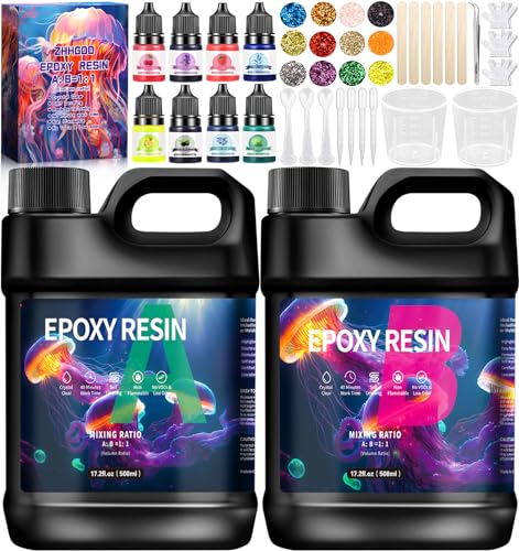 ZHHGOO Epoxidharz Set Anfänger 1016 ml,Glasklar Resin harz Gießen Set,Harz Gießen Zubehör mit Glitzer, Holzstäbchen, Messbecher, Epoxidharz Anfänger Sets für Handwerk, Kunstprojekt von ZHHGOO