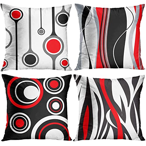 ZHILING 4er Set Kissenbezug 40x40cm Dekoratives Kissenbezüge Modern Abstrakt Rot Schwarz Weiß und Grau Wellenförmige Vertikale Streifen Dot Polyester Quadratische Kissenbezüge 16x16 Zoll für Bettsofa von ZHILING