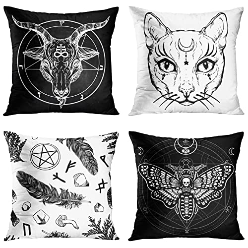 ZHILING Kissenbezug 40x40cm Wohnkultur 4er Set Kissenbezüge Dekorativ für Bett Sofa Kissen Couch Outdoor Steinbock Katze Federmotte Gothic Kissenbezüge 16x16 Zoll (Schwarz und Weiß) von ZHILING