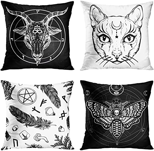 ZHILING Kissenbezug 45x45cm Wohnkultur 4er Set Kissenbezüge Dekorativ für Bett Sofa Kissen Couch Outdoor Steinbock Katze Federmotte Gothic Kissenbezüge 18x18 Zoll (Schwarz und Weiß) von ZHILING