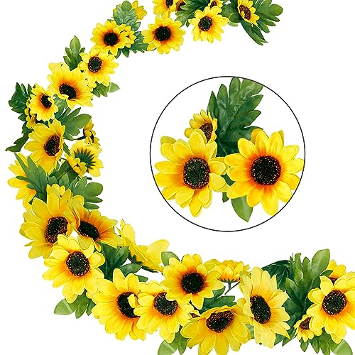 ZHIOPRO 2Stück Künstliche Sonnenblumen Girlande 2.5M Großer Kranz,Sonnenblumenrebe Gefälschte Rebe Gelber SeidenblumenkranzGrüne Blätter,Hängen Girlande Garten Hochzeit Partydekoration von ZHIOPRO