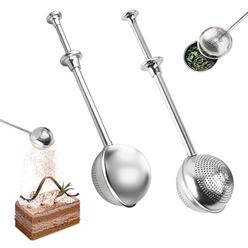 2 Stück Mehl Staubwedel zum Backen Teaballs mit Teleskopgriff 304 Edelstahl Teezange Herunterdrücken Teesieb für Losen Tee für Mehl Gewürze Zucker Kaffee Kakaopulver (Halbes Loch und Vollloch) von ZHIQIN