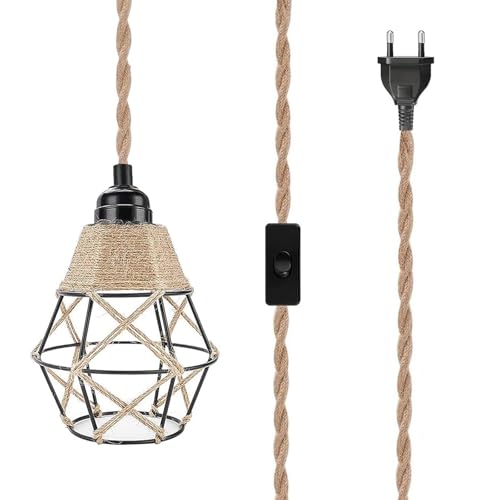 E27 Retro Hängelampe Hanf Seil Pendelleuchten mit Stecker Industrielle Hängelampe mit 180cm Lampenkabel und Gewebten Lampenschirm für Schlafzimmer Küche Korridor, Ohne Glühbirne von ZHIQIN