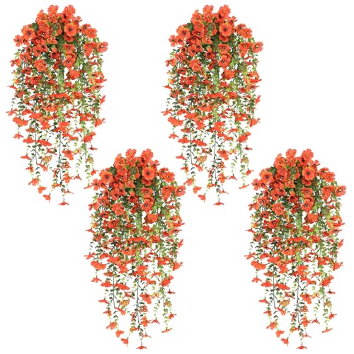 ZHIQIN 4 Stück Künstlich Hängende Blumen Kunstblumen Veilchen Hängend Hängepflanze uv Beständig Hängend Plastikblumen wie Echt für Heim Outdoor Hochzeit Garten Balkon Dekoration (Orange) von ZHIQIN