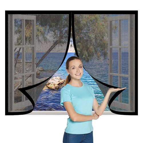 Fliegengitter Fenster Insect Stop 142 x 220 cm Insektenschutz Fenstervorhang Fliegenschutz Ohne Bohren mit Selbstklebendes Klettband für Fenster in Wohn- Schlafzimmer, Schwarz von ZHIQXUE