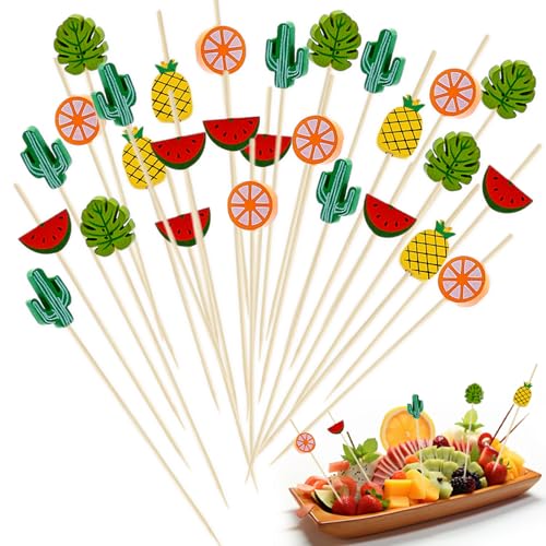 ZHITENG 100 Stück Cocktailspieße, 12 cm Bambus Spieße Fingerfood Holzspieße mit Niedlicher Deko Mehrfarbig Cocktail Spieße Frucht Zahnstocher, für Partys Getränke Geburtstagsbars (Sommerthema) von ZHITENG