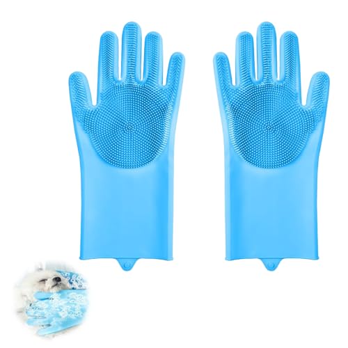 ZHITENG Fellpflege Handschuh, Katzen Handschuhe Fellpflege aus Silikon, Effiziente Tierhaarentferner Handschuh, Fellpflegehandschuh Hund Wiederverwendbar für Langhaar und Kurzhaar (Blau) von ZHITENG
