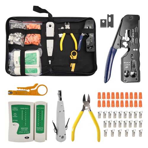 Netzwerk Werkzeug Set,RJ45 Crimpzange Netzwerkstecker Set Mit 20 X RJ45 Stecker Cat7/Cat6a Pass Through,Netzwerktester,LSA Auflegewerkzeug,Abisolierzange,Profi RJ45/RJ11/RJ12 Reparaturwerkzeug von ZHITING