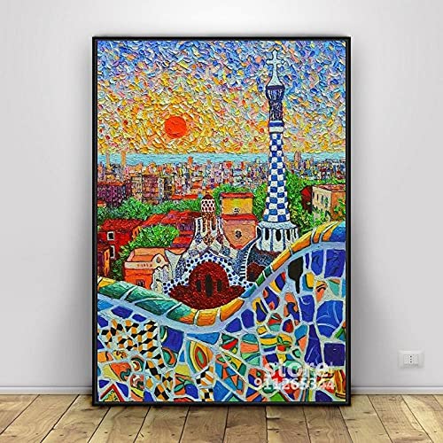 ZHJJD Barcelona Wand Bilder Sonnenaufgang Güell Park Poster Gaudi Turm Gemälde Wandbilder Fan Gemälde Leinwand Gemälde Für Wohnzimmer Schlafzimmer Dekor 60x80cm Kein Rahmen, Schwarz & Weiß von ZHJJD