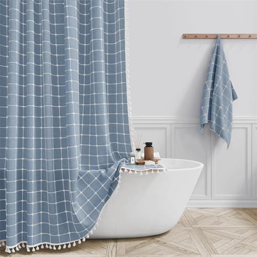 ZHLHLZ Karo Quasten Duschvorhang Textil Wasserabweisend Anti-Schimmel Stoff Waschbar Badezimmervorhang blau 180x200cm von ZHLHLZ
