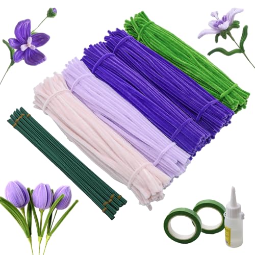 ZHLIMY 500 Stück Pfeifenreiniger Blumen, Pfeifenputzer zum Basteln, Pfeifenreiniger Violett Tulpe Bouquet Set, 5 Farben Chenilledraht, Pipe Cleaner Flower Set mit 50 Stück Grün Basteldraht von ZHLIMY