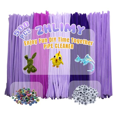 ZHLIMY 500 Stück Pfeifenreiniger Lila, 5 Farben Pfeifenputzer Lila Set, Kommt mit 200 Beweglichen Augäpfeln Selbstklebend, Pipe Cleaner, Chenilledraht für Kreative DIY-Projekte für Kinder von ZHLIMY