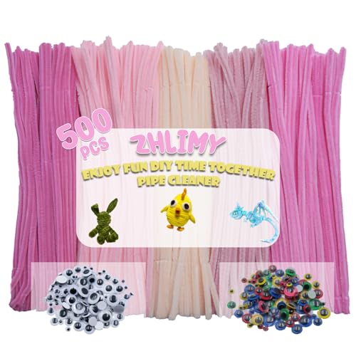 ZHLIMY 500 Stück Pfeifenreiniger Rosa, 5 Farben Pfeifenputzer zum Basteln Rosa, Kommt mit 200 Beweglichen Augäpfeln Selbstklebend, Pipe Cleaner Pink, Chenilledraht für Kreative DIY-Projekte für Kinder von ZHLIMY