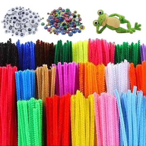 ZHLIMY 600 Stück Bunte Pfeifenputzer zum Basteln, 20 Farben Pfeifenreiniger zum Basteln, Pfeifenreiniger Bunt mit 200 Wackelaugen Selbstklebend, Pipe Cleaner, Chenilledraht für Kreative DIY-Projekte von ZHLIMY