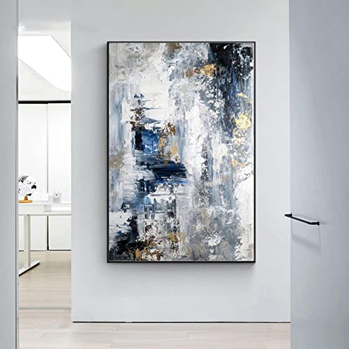 Abstrakte gerahmte Wandkunst blau weiß grau Ölgemälde auf Leinwand moderne Drucke Poster Bilder für Wohnzimmer Wohnkultur 85 x 125 cm (33 x 49 Zoll) mit Rahmen von ZHMANLUCK