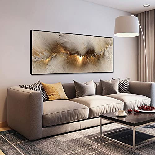 Abstrakte graue gelbe Wolke Wandkunst für Wohnzimmer großformatige Leinwandmalerei Wandbild Landschaft Poster und Drucke 50x130cm(20x51in) mit Rahmen von ZHMANLUCK