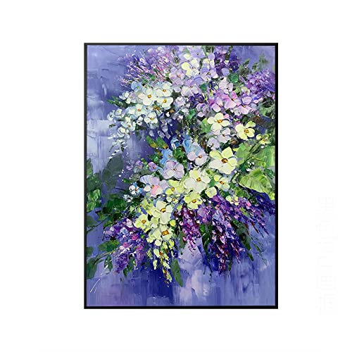 Abstraktes lila Blumen-Ölgemälde-Innendekor-Bild – Druck auf Leinwand nordisches Wohnzimmer-Wandkunst-Blumen-Poster 80 x 110 cm (31 x 43 Zoll) mit Rahmen von ZHMANLUCK