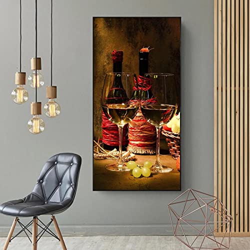 Gerahmtes Wandbild Rotwein und Flasche Küche Poster und Drucke Trinken Essen Leinwand Gemälde HD Wandkunst Bild Esszimmer Dekor 65x130cm(26x52in) mit Rahmen von ZHMANLUCK